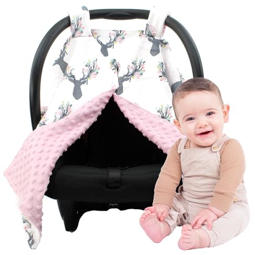 Dear Baby Gear Car Seat Cover for Boys & Girls - Baby Carseat Canopy w/Snap Opening - Infant Seat Cover - Stroller & Nursing Covers - Newborn Carrier Canopy - 40x30" (Antler & Flower Print, Pink Dot)