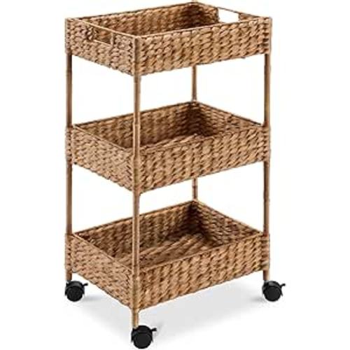 Best Choice Products 3-Tier Water Hyacinth Rolling Nursery Caddy w/Wheels, Utility Cart, Storage Organization for Bathroom, Craft Room, Laundry Room– Chestnut