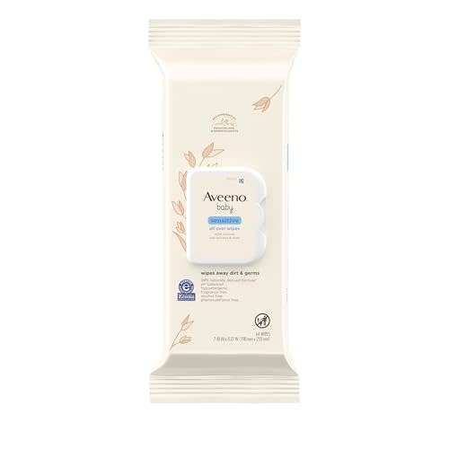 Aveeno Baby Sensitive All Over Wipes with Aloe & Natural Oat Extract for Face, Bottom, Hands & Body, pH-Balanced, Hypoallergenic, Fragrance-, Phenoxyethanol- & Alcohol-Free, 64 ct per pack