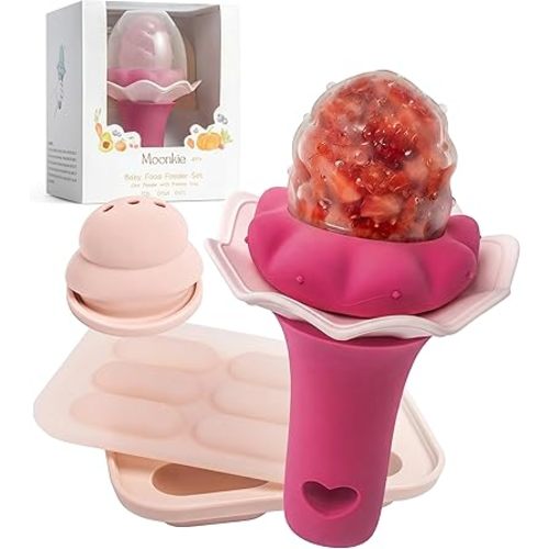 Moonkie Baby Fruit Feeder for Self-Feeding: Controlled Flow Design with 2 Pouches for Safe First Foods - BPA Free Silicone Food Feeder with Freezer Tray for Cooling Comfort - 4 Months+ - 1 Pack