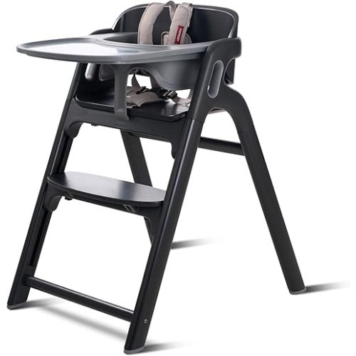 Momcozy DinerPal Wooden High Chair for Babies, Toddlers & Adults Up to 308 Lbs, Convertible Baby Highchair with Food-Grade Tray, Dishwasher-Safe, Adjustable & Ergonomic, Midnight Black
