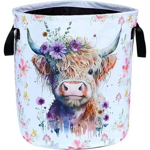 Highland Cow Laundry Basket Foldable Waterproof Oxford Cloth Funny Tote Bag Laundry Hamper Clothes Storage Bucket Toy Organizer For Bathroom/Laundry Storage/Bedroom Storage Basket 17.7x13.7 Inch