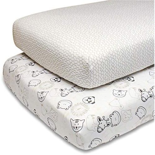 The Peanutshell Fitted Crib Sheet Set for Baby Boys or Girls | 2 Pack Sheets in Zoo Animals & Wavy Stripes | Fits Standard Crib Mattresses