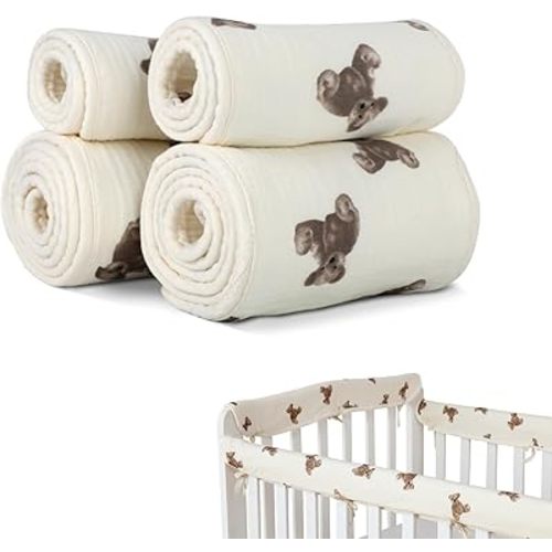 4Pcs Corner Edge Protector Strip Crib Rail Collision & Teething Guard, 100% Cotton Designed for Crib Top Rail Only (Not Side Rails) - Fits Standard Rails, 2 Long + 2 Short (Bear)