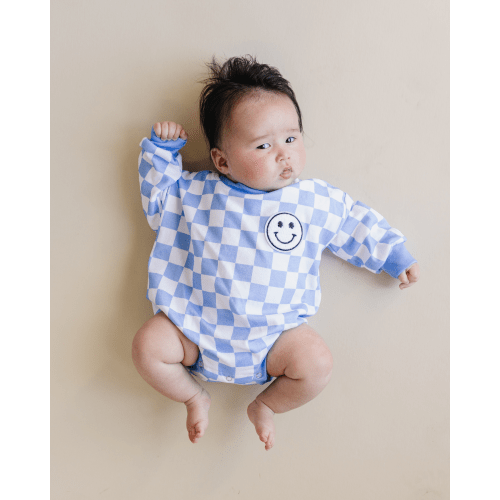 bubble romper // checkered smiley blue