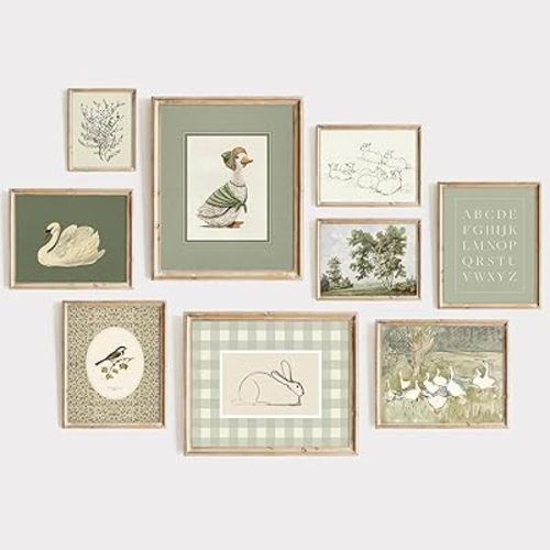 Vintage Nursery Wall Art Decor Baby Room Prints Sage Green Nursery Wall Decor Goose Duck Pictures Kids Poster Bunny Artwork Toddler Girl Painting for Gallery Bedroom 8x10 Inch Unframed Set of 9