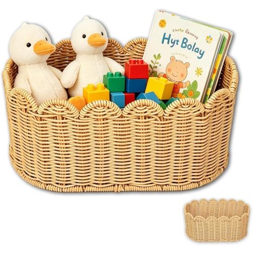 Scalloped Basket 2pcs 16.14*10*7.2/13.9*8*6in, Hand-Woven Wicker Scalloped Baskets for Nursery, Waterproof Scalloped Edge Basket , Scallop Rattan Basket for Baby Room Decor & Home (wheat)