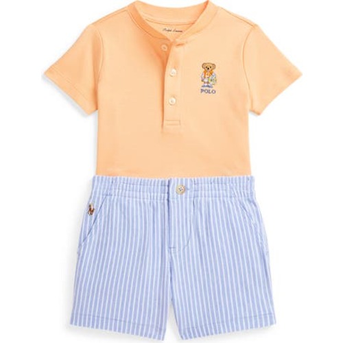 Embroidered Cotton Henley T-Shirt & Stripe Shorts Set