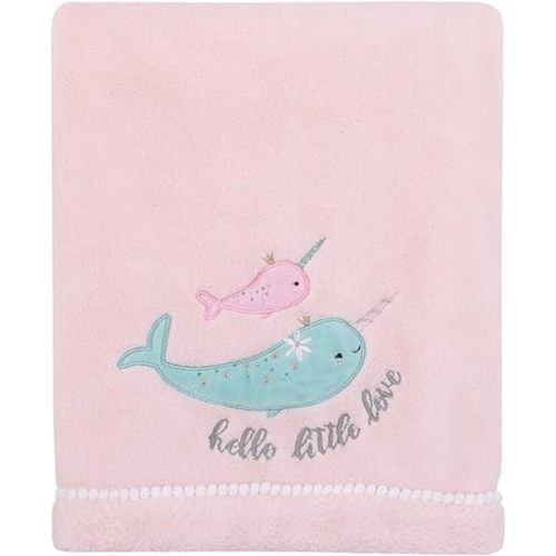 NoJo Under The Sea Whimsy Pink & Blue Narwhals Super Soft Appliqued Baby Blanket, Pink, Light Aqua