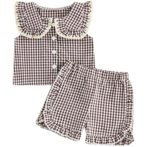 Toddler Baby Girl Outfit Peter Pan Collar Sleeveless Vest Tops Gingham Print Elastic Waist Shorts Set Summer Clothes
