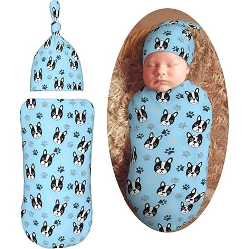 Cute Boston Terrier Puppy Newborn Swaddle Blanket with Beanie Set Soft Baby Sleep Sack Stretch Adjustable Swaddle Wraps Receiving Blankets