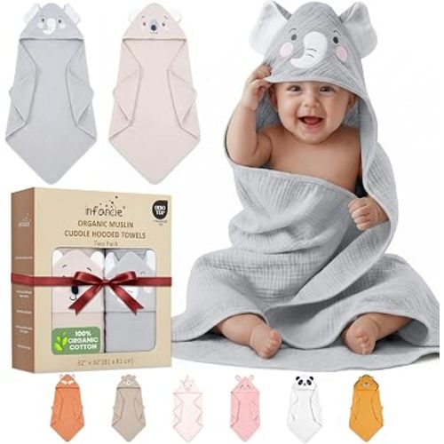 100% Organic Cotton Muslin Cuddle Hooded Baby Towels Infant 2 PK 32x32 in