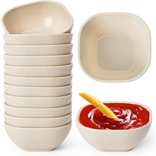 12 Pack Unbreakable Dipping Bowls, 4.5 OZ Soy Sauce Dishes,Wheat Straw Small Dessert Bowls,Small Prep Bowls，Dipping Sauce Cups, Dip Bowls for Side Dish, Snacks, BBQ，Ketchup (Beige