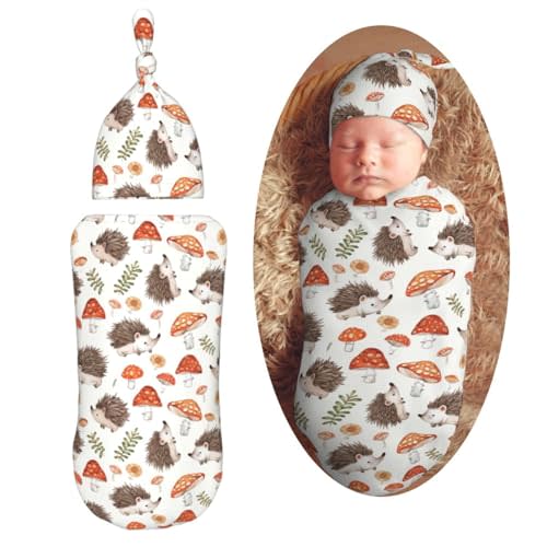 KiuLoam Cartoon Cute Hedgehog Mushroom Newborn Swaddle Blanket with Hat Set Soft Baby Receiving Blankets Baby Swaddle Sack for Baby Boys Girls