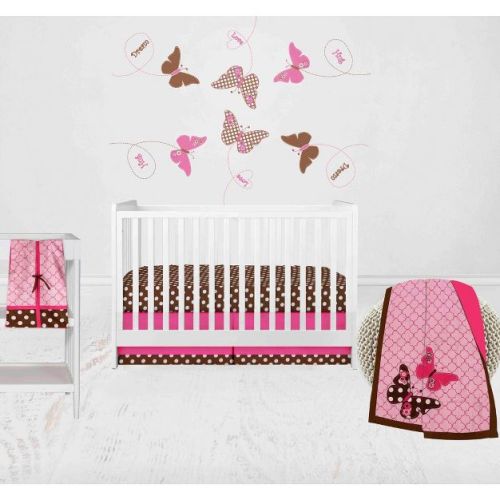Bacati - Buttefly Pink Chocolate 4 pc Crib Bedding Set with Diaper Stacker