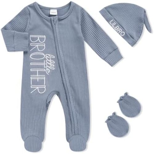 Newborn Baby Boy Fall Winter Outfits Zippered Romper Letter Embroidered Coming Home Jumpsuit with Hat Mittens