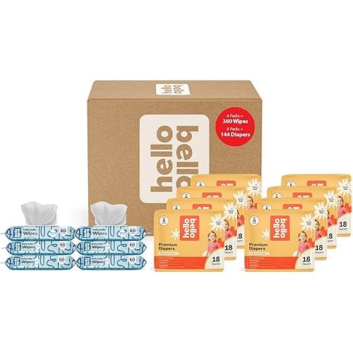 Hello Bello Mega Surprise Pack, Size 5 (27+ lbs), 144ct Hypoallergenic Assorted Diapers with a Soft, Cloth-Like Feel Plus 360 Ultra Gentle Unscented Baby Wipes in 6 Resealable Packs