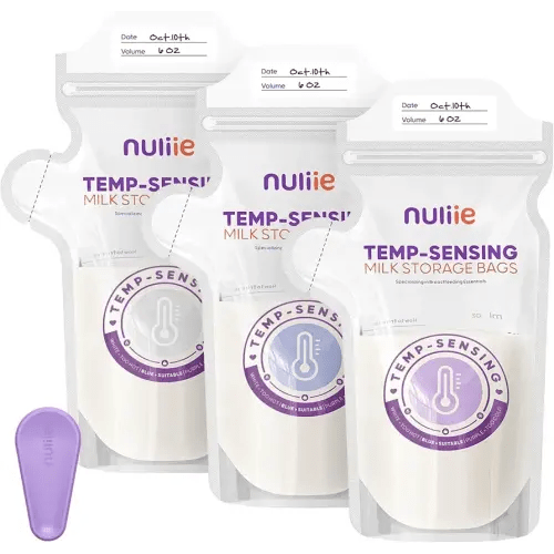 Nuliie 100pcs Temp-Sensing Breastmilk Storage Bag, Huge Temp-Sensing Icon & Locking Clamp, 6oz Breast Milk Storage Bags Freezer Pour Spout, Self Standing Milk Storage Bags Breastmilk, BPA-Free No-Leak