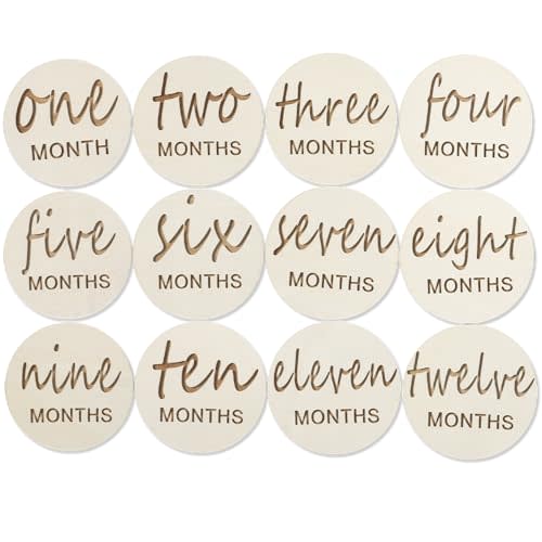 12pcs Wooden Baby Monthly Milestone Cards,Pregnancy and Baby Growth Monthly Milestone Wood Discs,Milestone for Baby Boy,Months Signs Milestone for Baby Girl,Fathers Day Gift