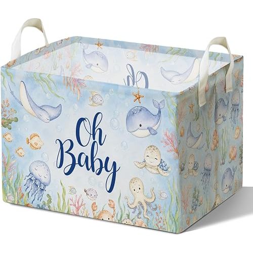 Ocean Nursery Storage Basket, Sea Animal Waterproof Canvas Basket, Blue Square Laundry Hamper, Marine Birthday Gifts for Girls Boys, Under The Sea Party Decor, Toy Foldable Organizer for Bedroom
