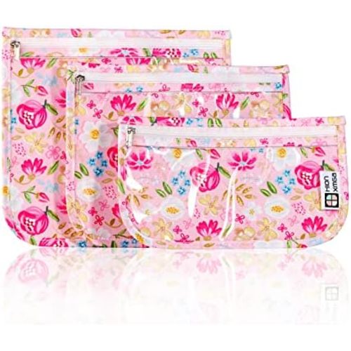 HIONXMGA TSA Approved Toiletry Bag, Set of 3 Clear Travel Toiletry Bag Quart Size Zipper Travel Pouch, Waterproof Makeup Cosmetic Bag for Women Men Kids Toiletries Carry on, Flowers