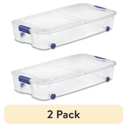 (2 pack) Sterilite Large Storage Bin, 66 Quart Clear Underbed Storage Container with Latch Lid and Wheels, Blue