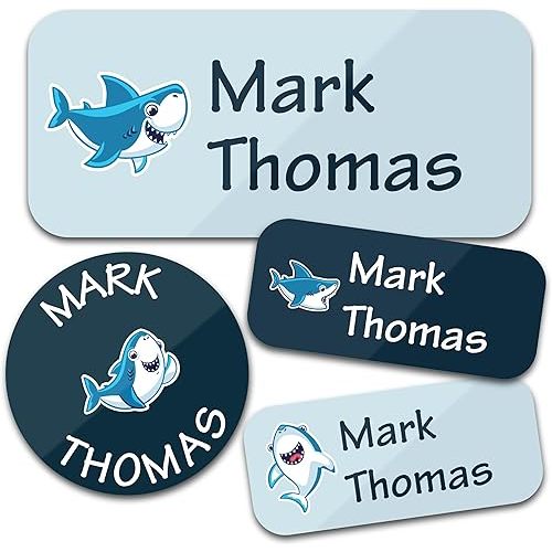 Personalized Daycare Name Labels for Kids (130 Labels) - Custom Waterproof Name Stickers for Clothing Tags, Water Bottles, Lunch Boxes and School Supplies (Sharks)