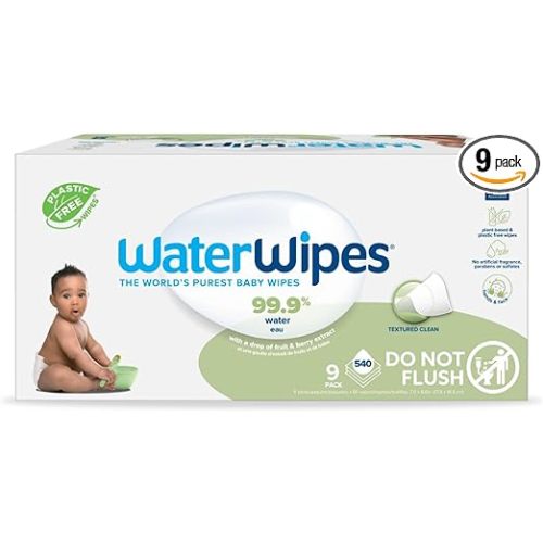 WaterWipes Plastic-Free Textured Clean, Toddler & Baby Wipes,&nbsp;99.9% Water Based Wipes, Unscented & Hypoallergenic for Sensitive Skin, 540 Count (9 packs), Packaging May Vary