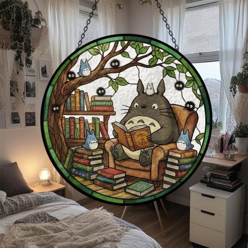 Totoro Stained Glass Suncatcher, My Neighbor Totoro Window Garden Decoration, Studio Ghibli Keepsake, Hanging Gift For Reading Lovers