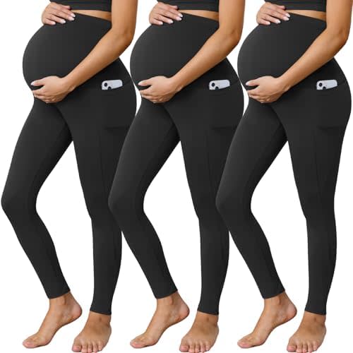 Buttergene 3 Pack Women's Maternity Leggings with Pockets Over The Belly Maternity Yoga Pants Pregnancy Leggings