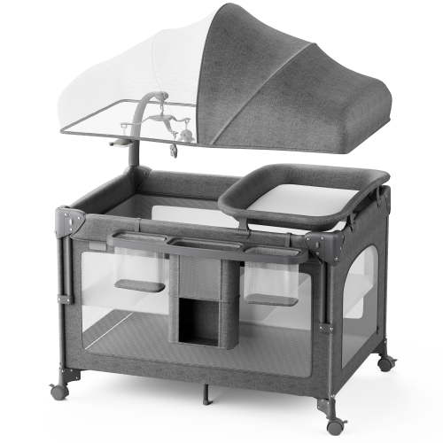 Babyomi Baby Bassinet with Changing Table, 5 in 1 Baby Bassinet Bedside Sleeper with Quick Collection Function and Storage Basket, Toys, Mosquito Net for 0-24 Months, Grey