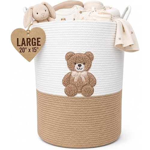 Teddy Bear Large Laundry Hamper for Nursery – 20"x15" Cotton Rope Woven Basket with Handles – Baby Clothes Hamper, Blanket Storage, Stuffed Animal Organizer – Gender Neutral Nursery Decor