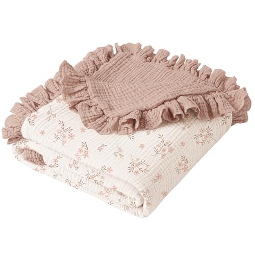 Konssy Flounce Muslin Baby Blanket for Girls Boys, 100% Cotton Soft Crib Swaddle Blankets, Reversible & Breathable Nursery Bedding for Newborns Toddlers, 40 x 36 Inches (Petal Dream)