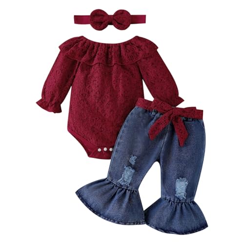 FOCUTEBB Baby Girl Clothes Lace Off Shoulder Romper Flare Jeans Pants Headband and Belt 4pcs Outfit 3-24 Months