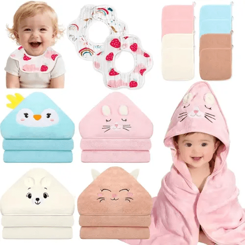 Sublaga 14 Pcs Baby Towels, Soft Baby Towel and Washcloths Set, 4 Pcs 32x32 in Hooded Bath Towel, 8 Pcs Baby Washcloths and 2 Pcs Cotton Baby Bibs for Newborns, Toddlers, and Kids for Boys and Girls