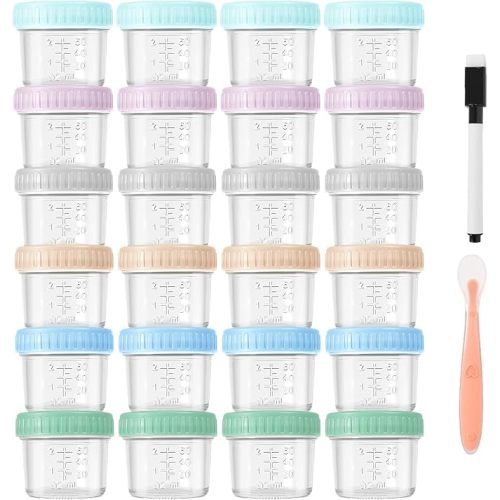 24 Pack Glass Baby Food Containers, 4 oz Leakproof Baby Food Jars with Lids, Reusable Small Purees Containers for Snack, Puree, Salad Dressing, Microwave Dishwasher Freezer Safe