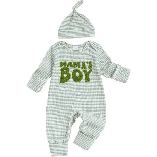 SAYOO Newborn Baby Boy Romper Clothes 3 6 12 18 Months Fall Winter Coming Home Outfit Mama's Boy Embroidery Waffle Romper