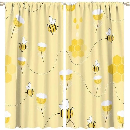 Bee Curtain Cute Bees Yellow Flower Honey Blackout Print Rod Pocket Window Drapes for Bedroom Living Room 42x45in