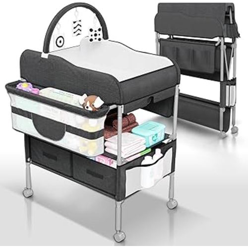Baby Changing Table Black with Storage - Collapsible Baby Diaper Changing Station with Toy Holder, Baskets - Diaper Changing Table for Small Spaces, Portable Changing Table for Baby