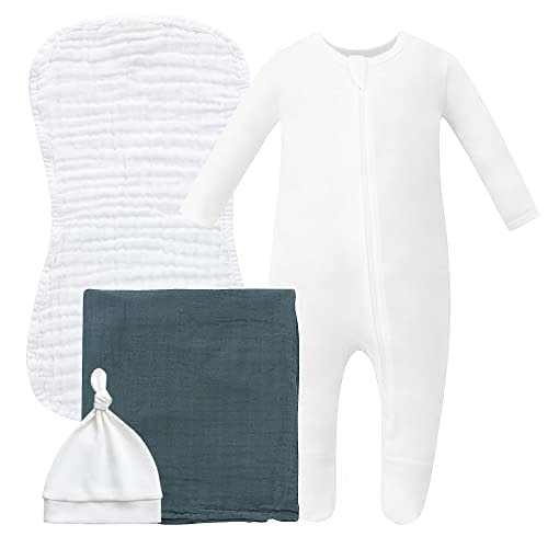 Owlivia Organic Take Me Home Outfit Set, Newborn Baby Boy Girl Footed Pajama Hat and Muslin Blanket Gift Set,3 Pcs
