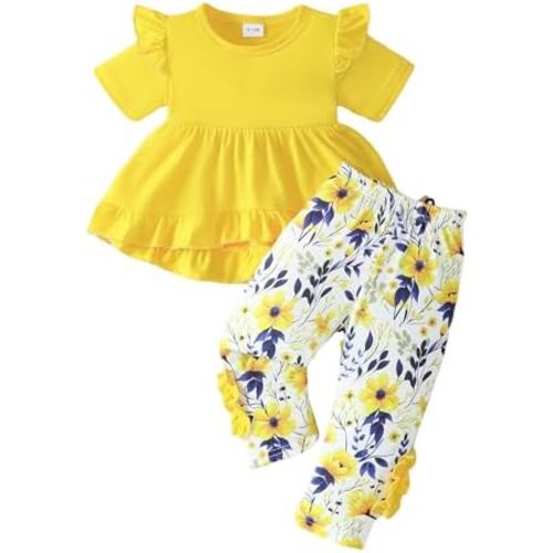 Weebaby Baby Girl Clothes Infant Toddler Girl Clothing Ruffle Shirt High Low Top Floral Allover Pant Little Girls Clothes