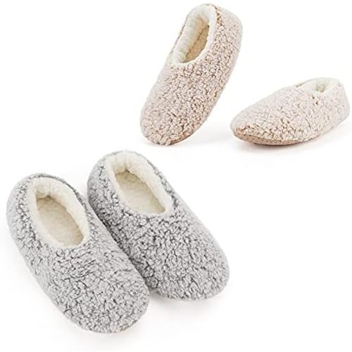 Cozylook 2-Pair Women's Soft Sole Slipper Socks with Grippers, Thick Warm Cozy Sherpa Lined Home Socks Set, Cable Knitted Non-slip Fluffy Winter House Bedroom Slippers