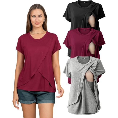 Rnxrbb 3 Pack Women's Nursing Tops for Breastfeeding Summer Short Sleeve T Shirts Postpartum Double Layer Clothes