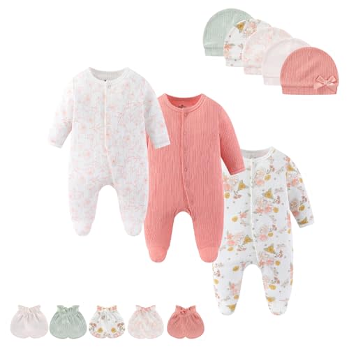 MAMIMAKA Baby Boy Girls Clothes 2-Way Zip Footed Long Sleeve 100% Cotton,Newborn Caps and Scratch Mittens Set 0-6 Months