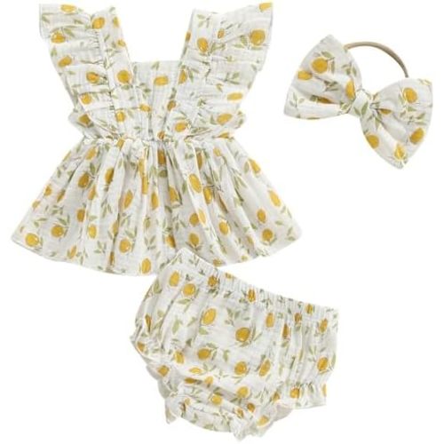 Mubineo Baby Girl Summer Clothes Cotton Linen Ruffle Tops Dress Shorts Outfits Toddler Shirt Bloomers Princess Outfit