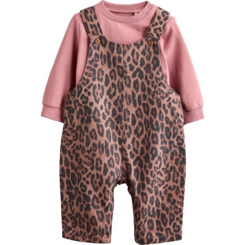 Long Sleeve Bodysuit & Leopard Print Overalls Set, 6-9M