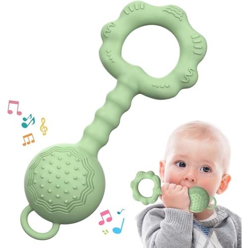 Teethers for Babies 6-12 Months, Baby Rattles 0-6 Months, 2-in-1 Rattle and Teether Toy for Soothing Sore Gums and Keeps Little Ones Entertained, Food Grade Silicone, Green