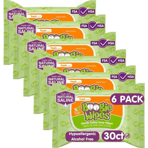 Saline Nose Wipes by Boogie, for Baby & Kids, Face, Hand & Body, FSA/HSA Eligible, Made with Vitamin E, Aloe, and Natural Saline, Fresh Scent, 30 Count (Pack of 6)