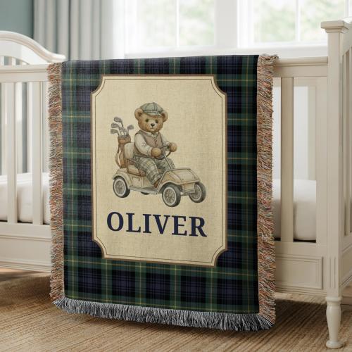 Personalized Plaid Teddy Bear Woven Golf Baby Blanket, Bear Nursery Decor