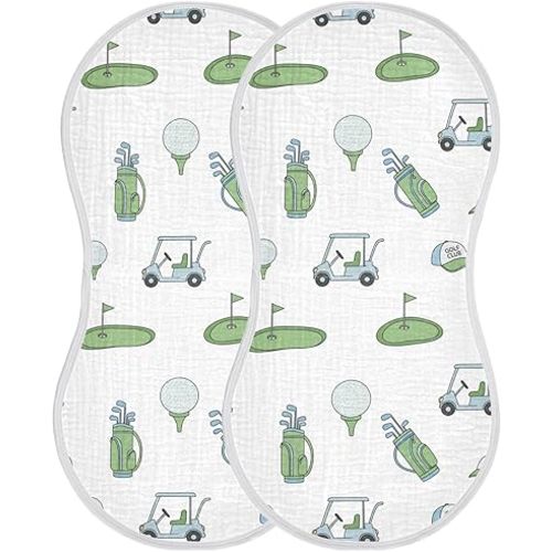 2 Pack Muslin Burp Cloths Golf Car White Cotton Baby Burp Cloths Ultra Absorbent Burping Cloth Soft Spit Up Rags for Newborn Must Haves, Large 22" x 11"